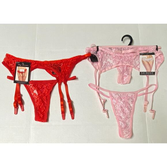 New Pair Red & Pink 2PC One Size Sexy Lace Garter Belt Matching Thong Set Lot - Picture 1 of 4
